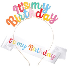 LLOUSSAK Birthday Girl Headband Set, Its My Birthday Headband, Rainbow Birthday Sash and Crown, Happy Birthday Headpiece for Women Girls Party Decorations (Colorful)