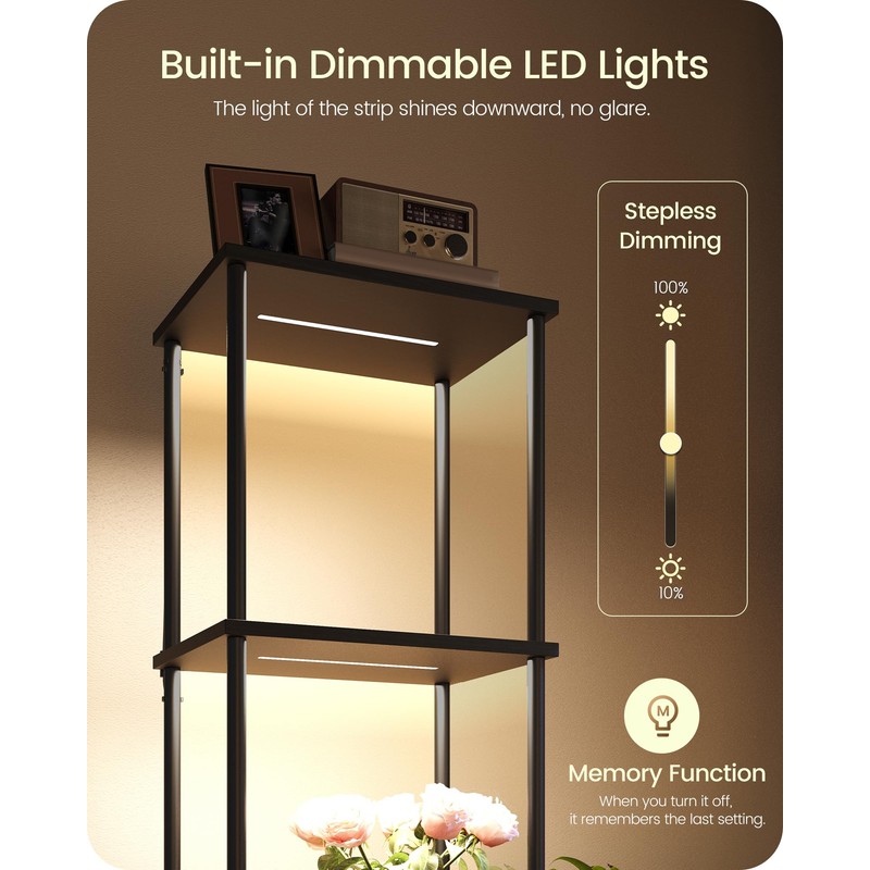 Display Shelf with Light, 5-Tier Shelf Lamp, Corner Floor Lamp