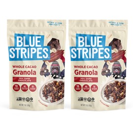 Blue Stripes Whole Cacao Granola - Gluten Free 70% Dark Chocolate Granola for Cereal, Oatmeal, Yogurt, 5g Protein Per Serving, Source of Fiber, Vegan, Low Sugar - Dark Chocolate, 7 oz Bag (2 Pack)