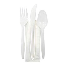 White Medium Weight Plastic Cutlery Kit with a Fork, Knife, Tea Spoons and Paper Napkin, 250 - Kits (4 Piece Kit)