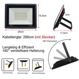 LED Outdoor Spotlight with Plug 50 W Outdoor Floodlight IP66 Waterproof Outdoor Spotlight LED Floodlight for Garage, Garden, Sports Field, Patio, Yard, Super Bright Headlight with 3 m Cable, Warm