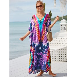 Swim Coverups for Women Purple tie dye Caftan Dress Batwing Sleeve Plus Size Caftan Vneck Caftan Long Dress Blue Bathing Suit Skirt Cover up Side Split Kaftan Dress (LS-1106-2)
