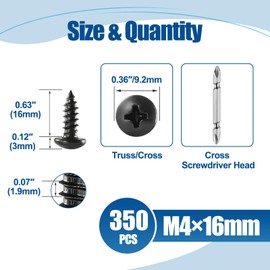 ANCHOREASE M4×16mm Wood Screw 350Pcs, Black Carbon Steel Self Tapping Screws, Truss Head Phillips Fast Self Tapping Screws