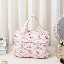 Cute Cotton Makeup Bag for Women Girls, Large Travel Cosmetic Tote, Makeup Organizer with Zipper, Toiletry Pouch, Versatile Purse for Daily Use Travel (Pink bow)