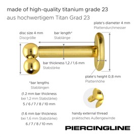PIERCINGLINE Titanium Labret Stud Internal Thread | 3 Balls | Piercing Ear Lip Nose | Choice of Colours and Sizes, Titanium