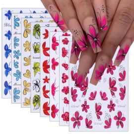 Flower Nail Art Stickers 3D Self-Adhesive Spring Summer Floral Decals Wildflower Daisy Leaf Plant Spring Colorful Flower Nail Art Supplies for Women Girls Women Girls Manicure Decoration 8 Sheets