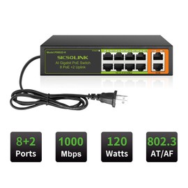 Gigabit 10-Port PoE+ Switch (8 PoE+ Ports, 2 Uplink), 802.3af/at, 120W Total Power, 1000Mbps, Unmanaged, Fanless, Metal Plug and Play, Suitable for IP Cameras, Networking Devices & Home Office.