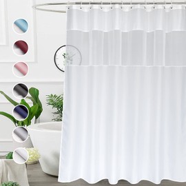 UFRIDAY Fabric White Shower Curtain with Mesh Window, Waterproof Bathroom Curtain with Weighted Bottom Hem, Machine Washable, 72 x 72 Inch