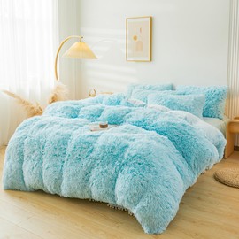 ERLOXO Fluffy Blue Faux Fur Comforter Cover Set Twin，Fluffy Fuzzy Plush Blue Bedding 2Pcs (1 Faux Fur Duvet Cover +1 Fuzzy Pillowcases) Blue Bed Set Twin(Blue, Twin)