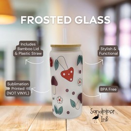 20oz Frosted Glass With Bamboo Lid and Plastic Straw - Summer (Mushroom #2, 20oz)