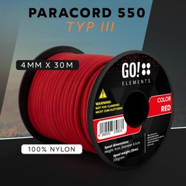 GO!elements 30 m Paracord Rope Made of Tear-Resistant Nylon Cord - 4 mm Paracord 550 Type III Cord - All-Purpose Rope and Cord - Max. 250 kg, Colour: Red