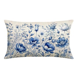 MIGEEN Blue Flower Throw Pillow Covers 12x20 Inch Chinoiserie Pillow Cover Spring Summer Blue Floral Outdoor Pillow Cases Farmhouse Cushion Covers for Couch Sofa Bedroom Chinoiserie Decor