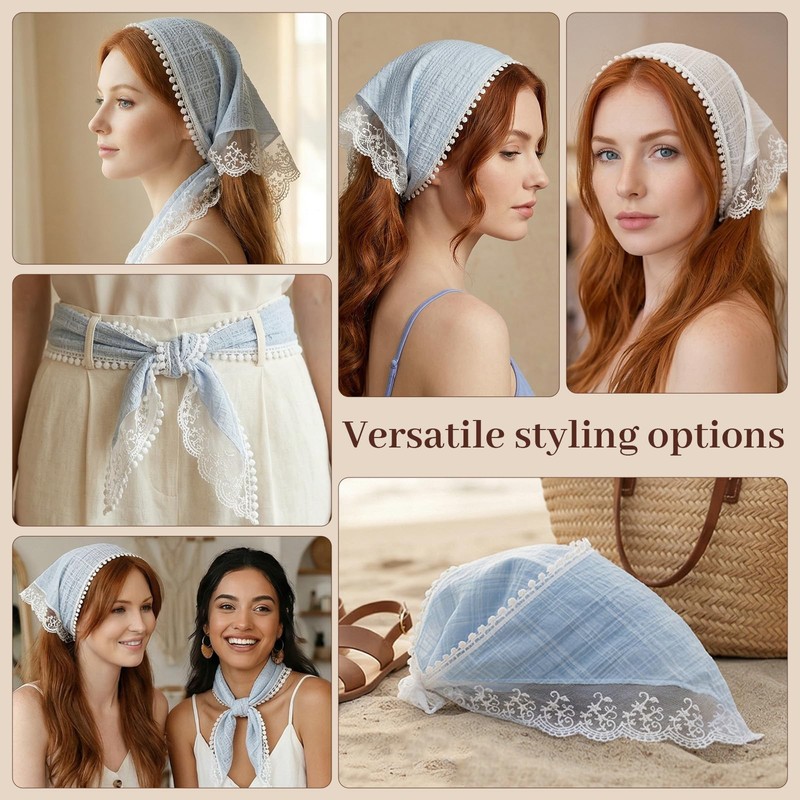 2 Pcs Head Scarf Triangle, Cute Lace Stylish Kerchief Polyester