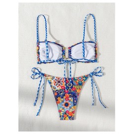 Floerns Women's 2 Piece Floral Bikini Swimsuit Ring Linked Tie Side Bathing Suit Multicolor Medium