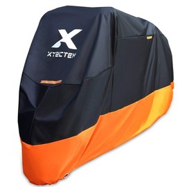 XYZCTEM Motorcycle Cover – All Season Waterproof Outdoor Protection – Precision Fit up to 96 Inch Tour Bikes, Choppers and Cruisers – Protect Against Dust, Debris, Rain and Weather(XL,Black& Orange)