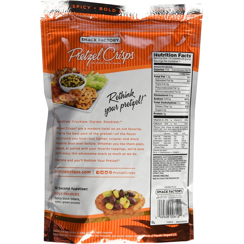Snack Factory Pretzel Crisp Bfflo Wng, 7.2 Ounce (Pack of