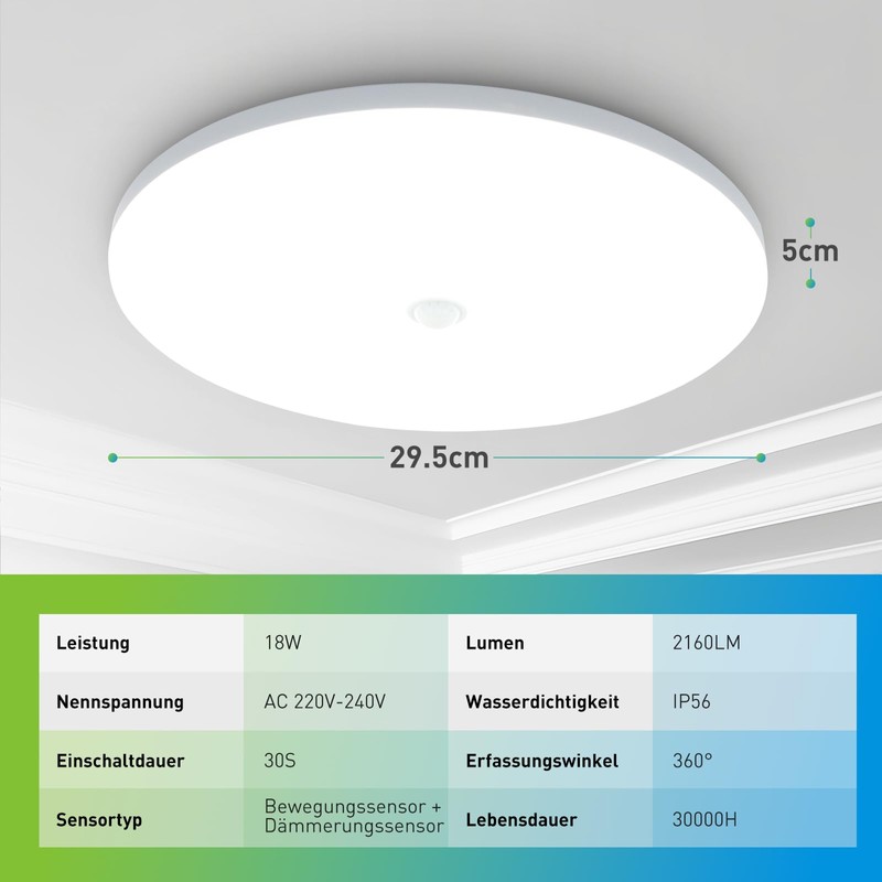 Yafido LED Ceiling Light with Motion Sensor, 18 W 6500