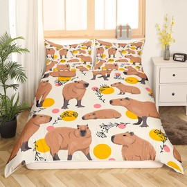 Homewish Cartoon Capybara Bed Linen 135 x 200 cm for Children, Cute Brown Capybaras Duvet Cover for Teens Boys Girls Room Decor, Funny Doodle Plants Dots Bedding Set Microfibre Soft Bed Set