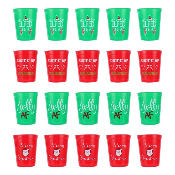 Christmas Plastic Party Cups - 20 Pack Reusable Tumblers, 16oz Plastic Holiday Stadium Cups, 4 Festive Drinking Pun Designs, Perfect for Christmas Party Supplies