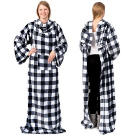 PAVILIA Manta de Forro Polar de Alta Calidad con Mangas para Mujeres, cálida, acogedora, con Mangas súper Suaves y Brazo, Regalo para Mujeres, mamá, Esposa (Blanco a Cuadros, Bolsillo Regular)