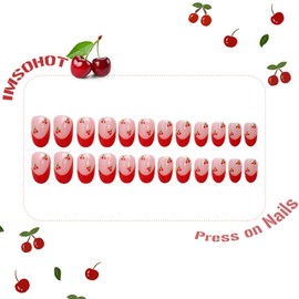 IMSOHOT Press on Nails Oval - Short Red Cherry Fake Nails with Glue for Women, Red French Nail Tips, Soft Gel Glue on False Nails, Round Acrylic Nail Decorations