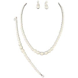 Fashion Jewelry ~ Imitation Faux Pearls Rhinestones Necklace Bracelet and Earrings Jewelry Set for Women (White)