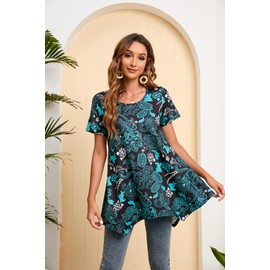 Enmain Tunic Tops for Women UK Short Sleveve Ladies Tunic Dress Casual Plus Size Long Tunics Shirts for Leggings Longline Loose Blouse T Shirt,Turquoise,3XL