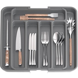 AUJEN Cutlery Tray for Drawers, Removable Cutlery Tray for Drawers, Practical Drawer Insert, Expandable Drawer Organiser, Efficient and Versatile Kitchen Organiser, Grey