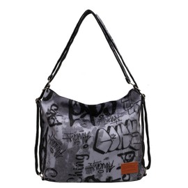 XMRSOY Convertible Graffiti Canvas Hobo Shoulder Bag/Backpack for Women, Zipper Closure, Crossbody Purse, Blue, Hobo