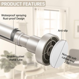 BRIOFOX Shower Curtain Rod Adjustable 18-78 Inch, Stainless Steel Spring Tension Shower Rod No Drilling Non Slip, Silver