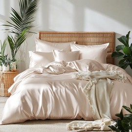 Lanqinglv Bed Linen 200 x 200 cm, 100% Bamboo Lyocell, Beige Mako Satin Bed Linen Set Cooling with Zip, Oeko-Tex Certified, Luxury Smooth Duvet Cover 200 x 200 cm and 2 Pillowcases 80 x 80 cm