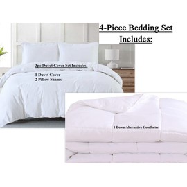 Royal Tradition Belgian Flax Linen-Cotton Blend Medium Warmth 4PC Bedding Set Includes: Duvet Cover Set with Down Alternative Comforter, (Full/Queen, White)
