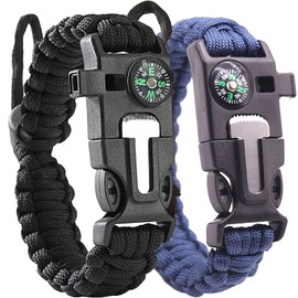 2 Pack Adjustable Paracord Bracelets Kit Ourtdoor Survival Bracelets Gift with Firestart Whistle Loudest Camping Compass