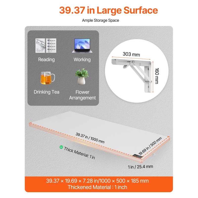 VEVOR Wall Mounted Folding Table, 39.4 x 19.7 inches Wall