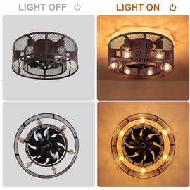 Ohniyou Cage 21 Inch Farmhouse Low Profile Ceiling Fan with Light Remote Control, Flush Mount Bladeless Ceiling Fan Lighting Fixture for Bedroom Living Room Kitchen Brown