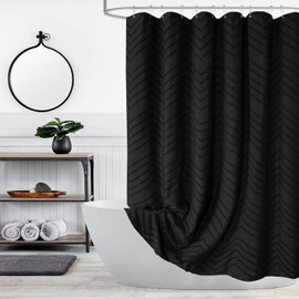 Extra Long Black Boho Shower Curtain 84 Inch Black Tufted Chevron Striped Fabric Shower Curtains for Bathroom Modern Shabby Chic Waterproof Cloth Shower Curtain Set with Hooks, Black