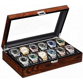 BEWISHOME Watch Case, 12-Slot Watch Box with Large Glass Lid, Wooden Watch Box Organizer for Men, Watch Storage with Removable Watch Pillows, Synthetic Leather Interior, Brown SSH12Y