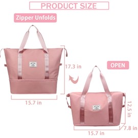 INVODA Travel Duffel Bag For Women and Men Waterproof Expandable Weekender Overnight Bag Carry on Tote Bag Dry Wet Separation Swim Sports Travel Gym Bag (Light Pink)