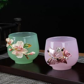 WAYUTO Kung Fu Tea Cup Pink Chinese Celadon Porcelain Traditional Tea Cup Glazed Asian Tea Cups No Handles Enamel Japanese Tea Cup Jade Color Embossed Handmade Colorful 3 oz Butterfly Pattern