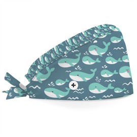 Cute Cartoon Whale Working Cap with Button Sweatband Bouffant Hats Adjustable Working Hat Surgical Cap Nurse Cap Elastic Bandage Tie Back Hats Scrub Caps for Women Men Long Hair