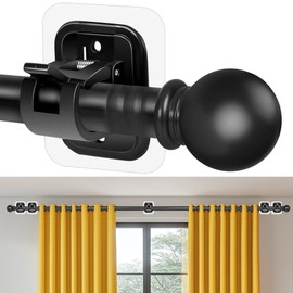 Curtain Rods No Drilling for Windows 48 to 84-96 Inch,Renter Friendly Drapey Pole with 5PCS No Drill Curtain Rod Brackets,Outdoor Long Cortineros Para Ventanas with Adhesive Curtain Rod Holder Black