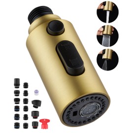 HEISOK Pull Down Spray Head for Kitchen Faucet, Kitchen Sink Faucet Head Replacement with 15 Adapters, 3 Function Replacement Pull Out Faucet Sprayer Nozzle Head,Brushed Gold