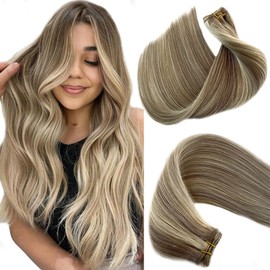 Sew in Hair Extensions Real Human Hair Light Blonde Highlights Remy Weft Hand Tied 20 Inch 100G - Ash With Platinum Blonde Highlights