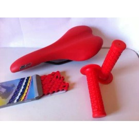 F&R BICYCLE BUNDLE! RED ENDZONE SEAT, GRIPS, & CHAIN BMX MTB ROAD BIKES RED.