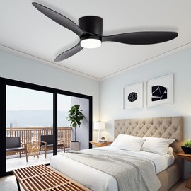 GESUM Ceiling Fan with Light, 42" Low Profile Ceiling Fan with 3 Colors, 6 Speeds, Timing,Black Outdoor Ceiling Fan with Remote Control 3 Blades for Kitchen Bedroom Dining Room (Black)