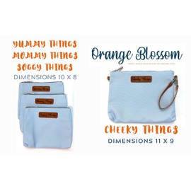 Stylish Diaper Bag Organizing Pouches - XL Set of 4 Light Blue Canvas Diaper Bag Pouches with Leather Embossed Labels, Leather Wristlet Strap & Durable Metal Zippers