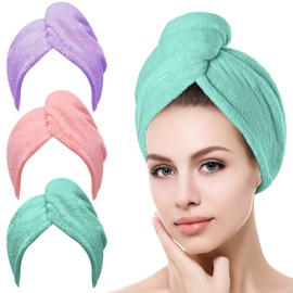 Toalla Microfibra para Cabello 3 Pack, Toalla de Cabello Seco con Botones, Gorro de Baño Ultra Absorbente de Agua , Secado de Pelo Súper Rápido, Turba