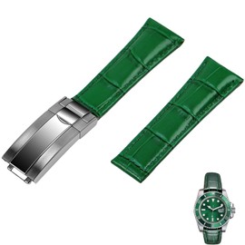 Juntan 20mm Watch Band Leather for Men Women, Premium Calfskin Genuine Leather Watch Strap Replacement Bands Straps Green with Oyster Perpetual Deployment Clasp