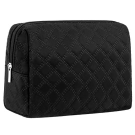 Marvolia Large Makeup Bag for Purse - Travel Cute Cosmetic Bag for Women Quilted Makeup Organizer Zipper Pouch for Travel Essentials - Black(Large)