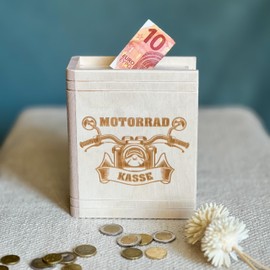 Spruchreif Money box in book shape with engraving, wooden money box with engraving, money gift, book money box, money box, gifts for motorcyclists, "Motorradkasse"